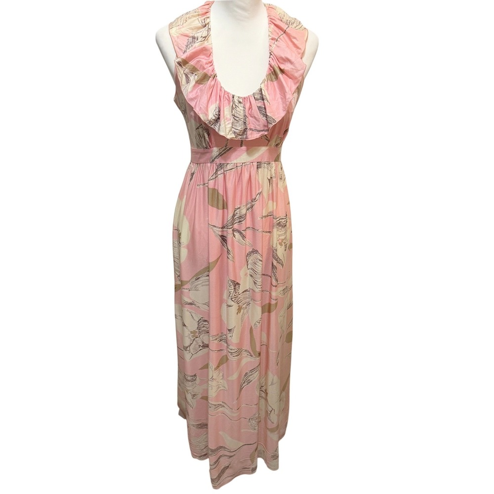 Vintage‎ Garden Floral Ruffle Neck Sleeveless Maxi Dress Pastel Romantic Fairy